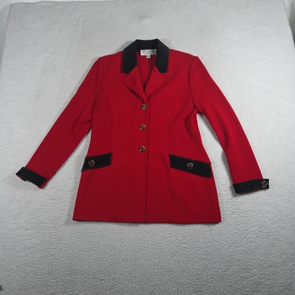 St. John By Mary Gray Red Santana Knit Jacket‎ Leather Accents Holiday Women's 4